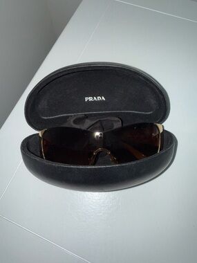 Prada Brown Lens Shield Sunglasses with Gold Accents